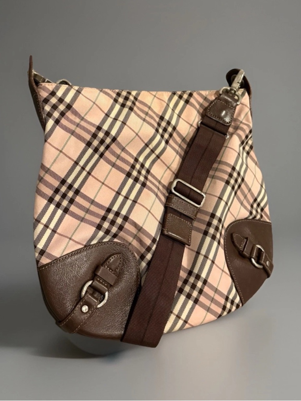 Vintage Burberry Blue Label Pink Nova Check Canvas Brown Leather Crossbody Bag - Picture 5 of 16